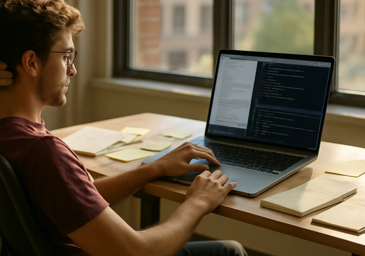 Developer in their mid-twenties leaning back in an office chair