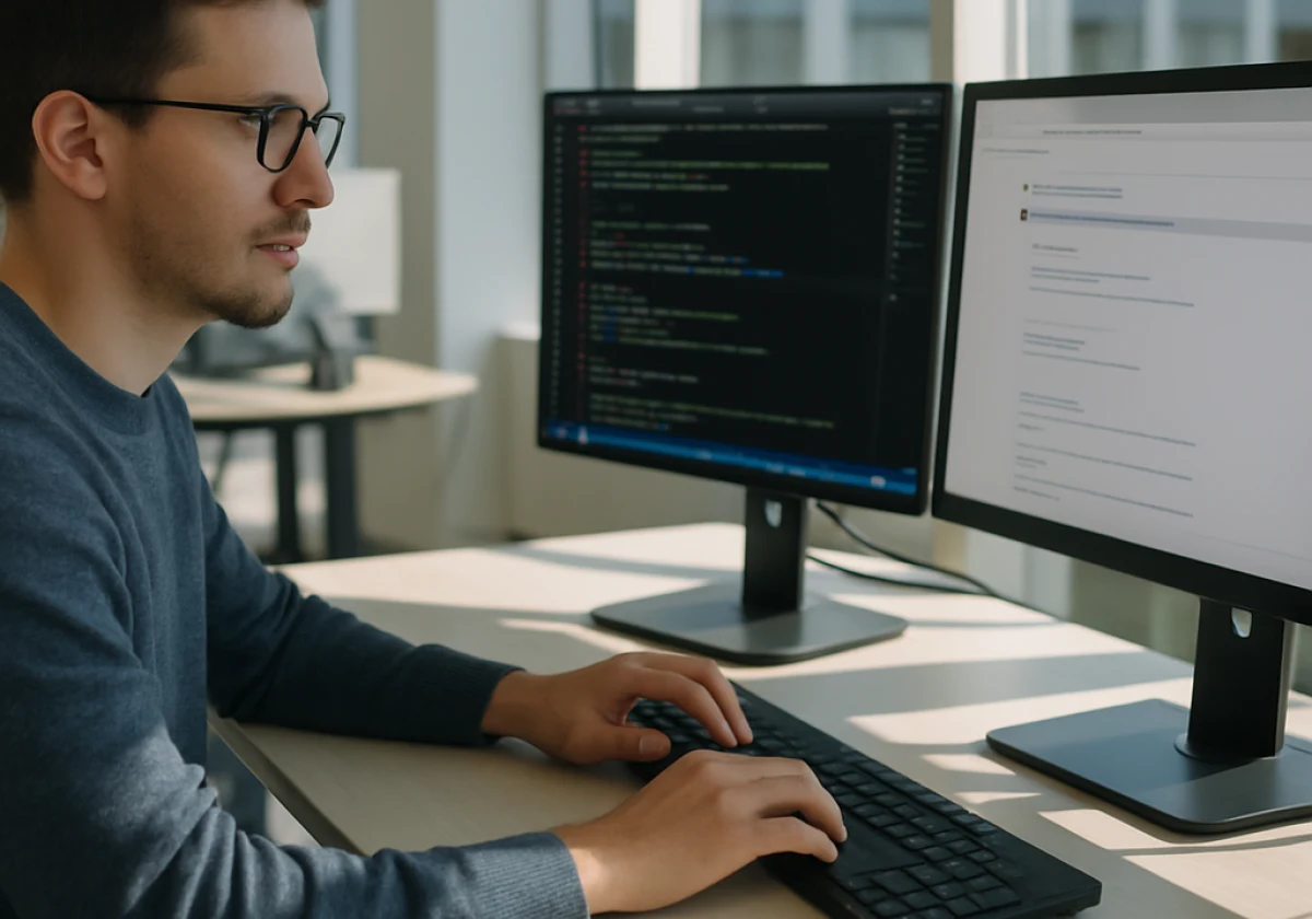 Software engineer with glasses sitting at a dual-monitor desk