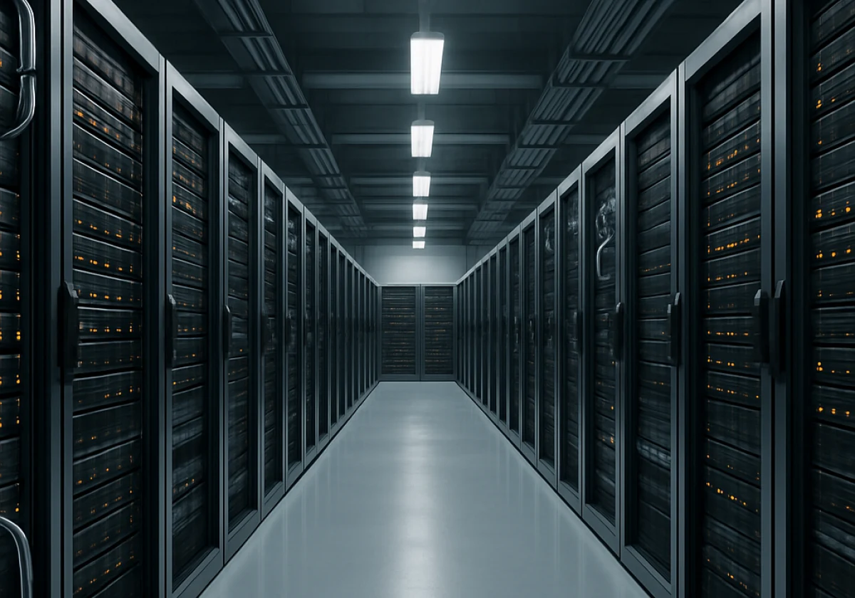 Modern data center interior with rows of server racks extending into