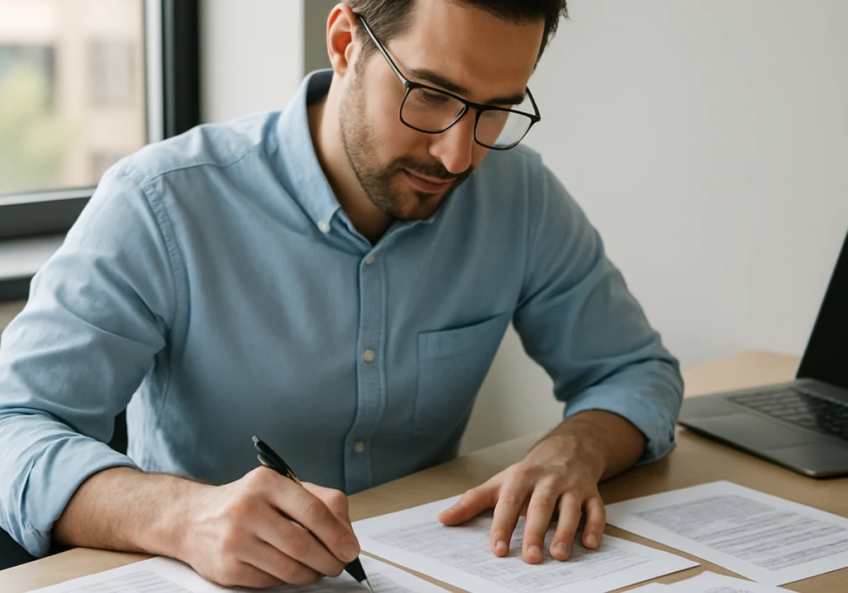 Technical professional at a desk reviewing and annotating printed